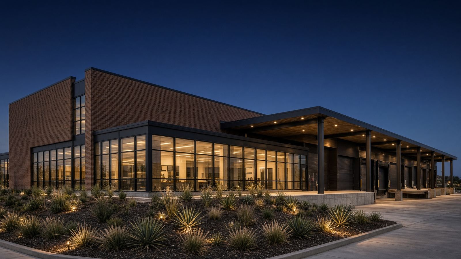 Modern Texas commercial building at twilight with warm interior lights