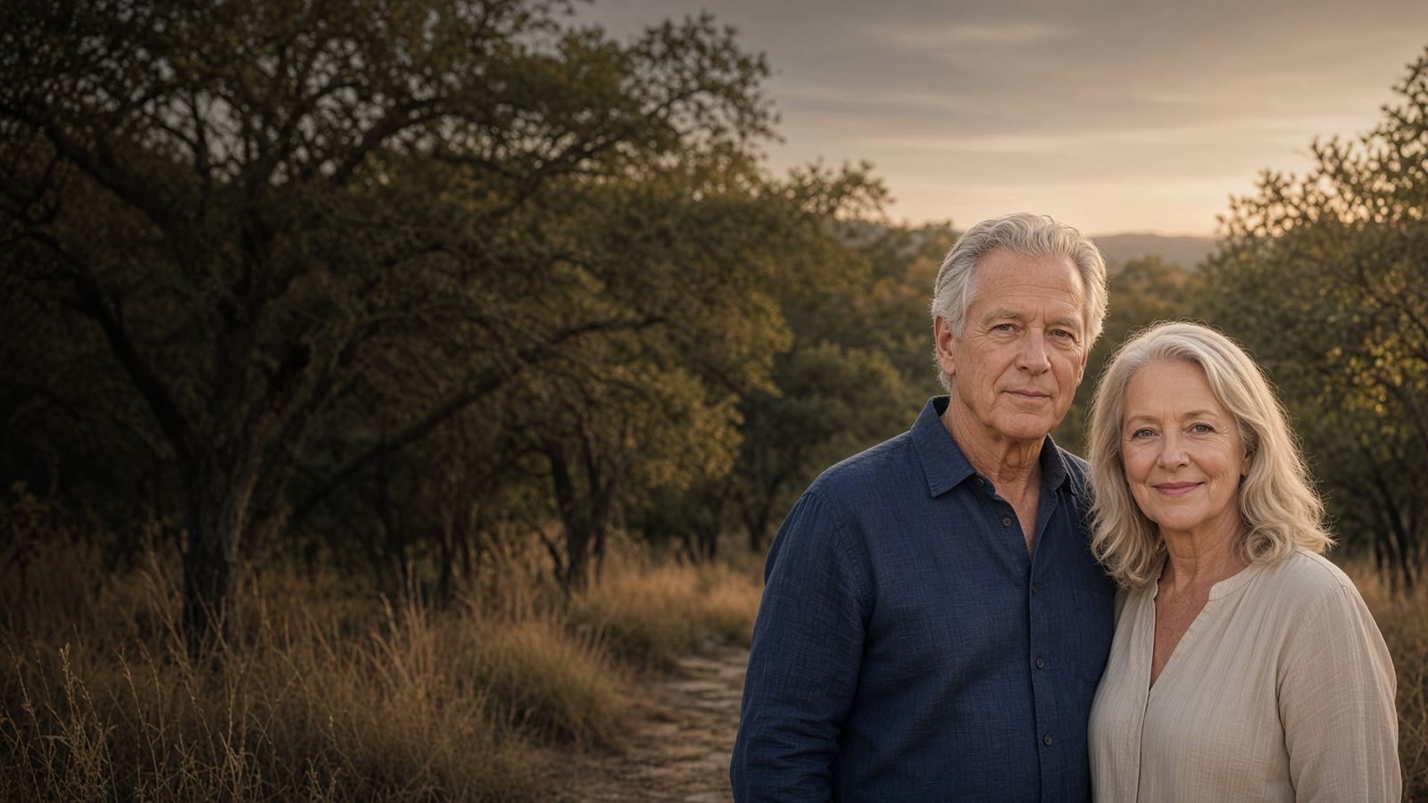A couple around 65 walking together in a Texas Hill Country garden at dusk