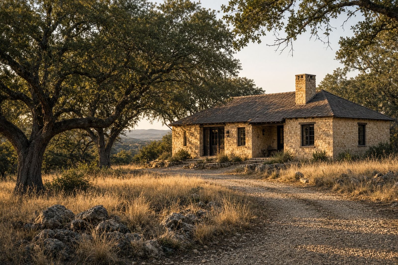 Texas Hill Country limestone ranch house among live oaks at golden hour